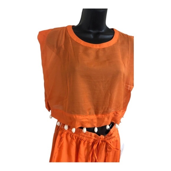 Orange 2 piece sheer cowrie shell adorned crop top and split leg pants beach set - Picture 11 of 17